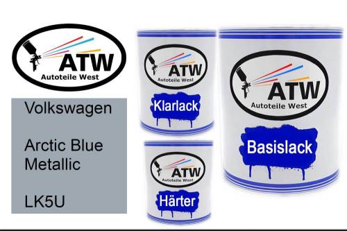 Volkswagen, Arctic Blue Metallic, LK5U: 1L Lackdose + 1L Klarlack + 500ml Härter - Set, von ATW Autoteile West.